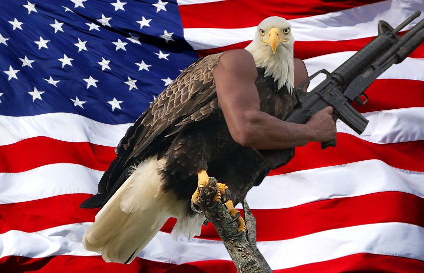 «Murica» aigle modifié avec un bras de soldat et une arme automatique