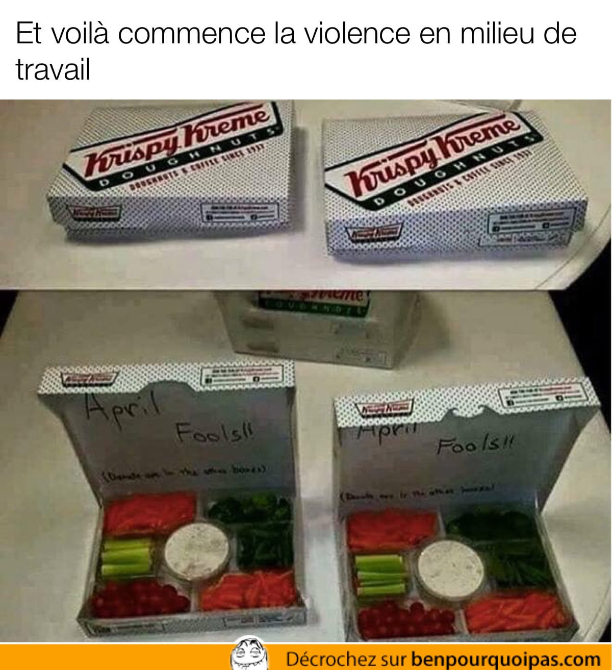 Une boîte de beignes Krispy Kreme qui contient des légumes coupés et de la trempette