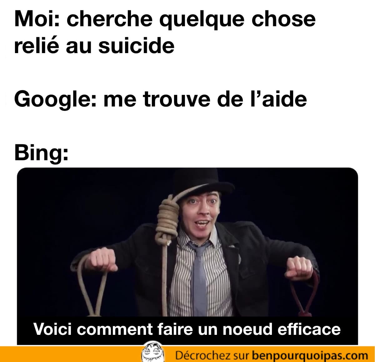 Google propose de l'aide tandis que Bing explique comment faire un noeud