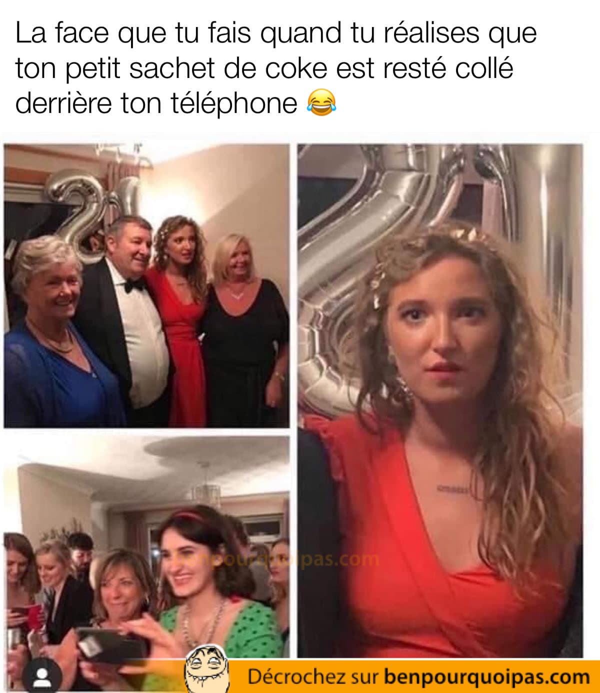 Belle blonde sexy prends une photo et remarque son sachet de coke collé derrière son mobile