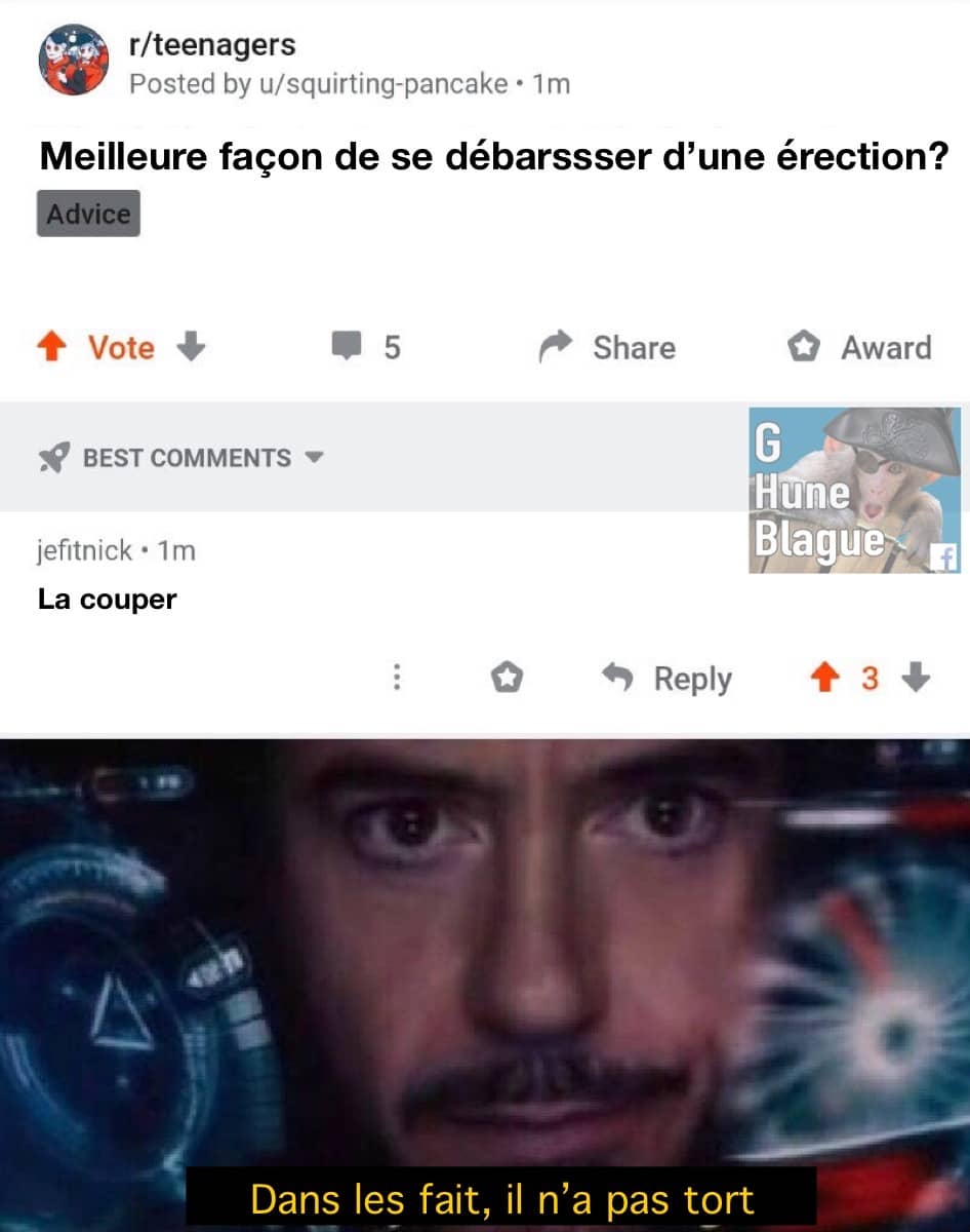 Quel est la meilleure méthode de se débarasser d'une érection? Couper le pénis, bien sure!