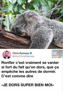 Ronfler c'est se vanter tellement fort qu'on dors que ça empêche les autres de dormir