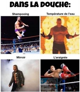 Différentes choses qui se produisent quand tu es dans la douche. Différents lutteurs professionnels représente des situation dans la douche