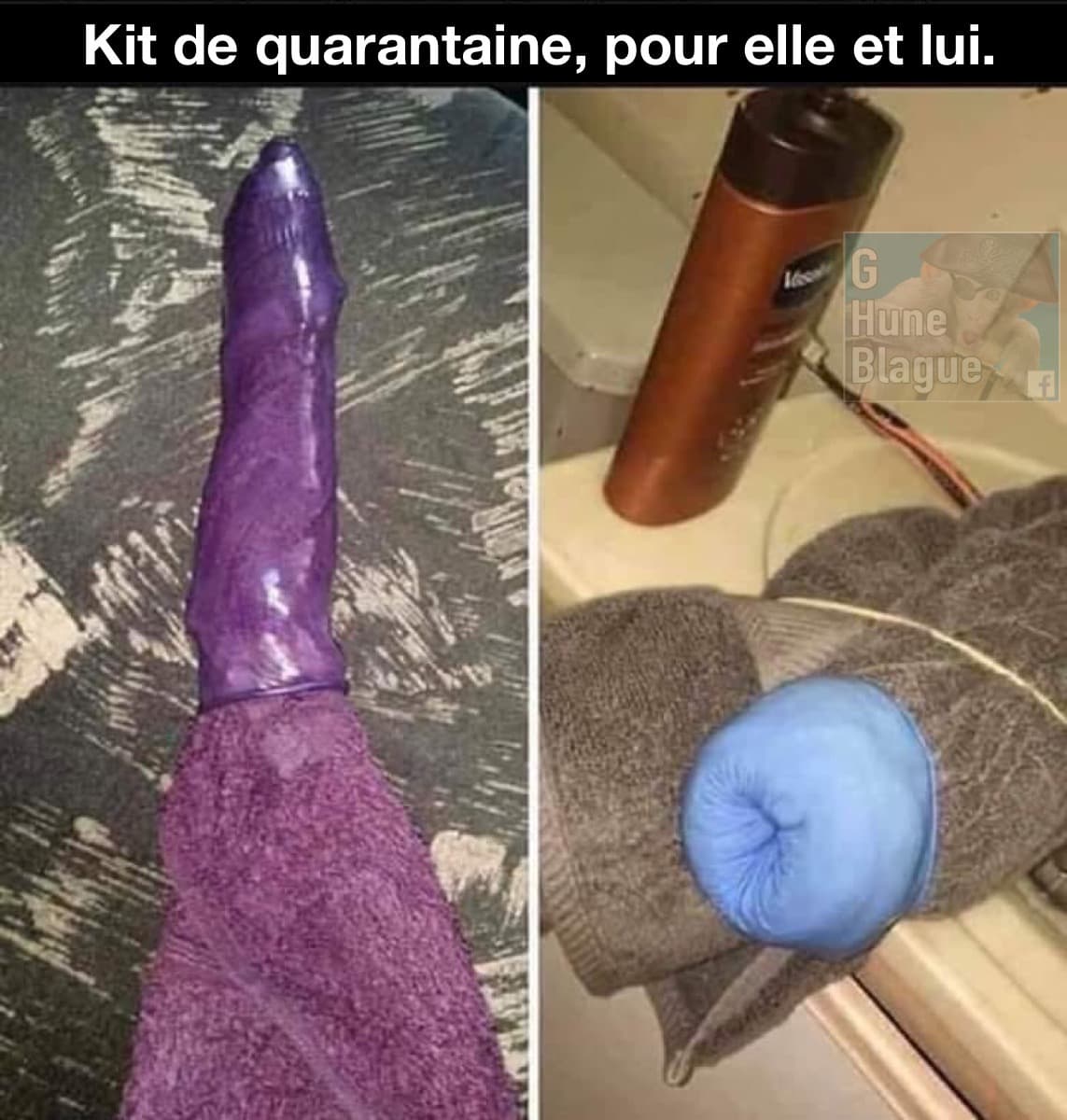 Ensembles de quarantaine pour elle et pour lui. Un dildo et un vagin improvisé avec une serviette