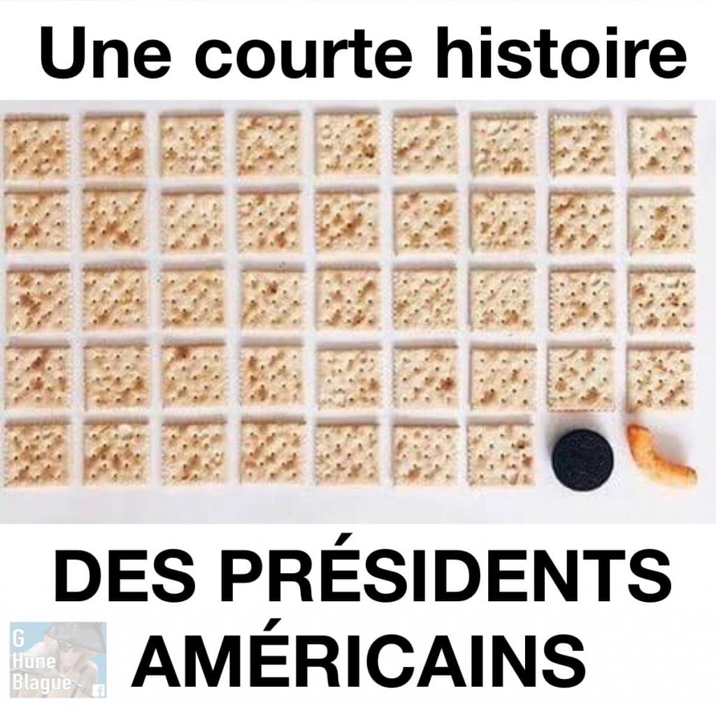 Courte histoire des présidents américains représenté avec des cookies saus pour trump qui est une crotte de fromage