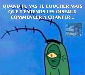 Quand tu vas finalement te coucher mais que t'entends les oiseaux qui gazouilles. Bob l'éponge plancton
