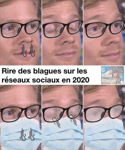 Rire des blagues sur les réseaux sociaux en 2020. Le masque fait de la buée dans les lunettes