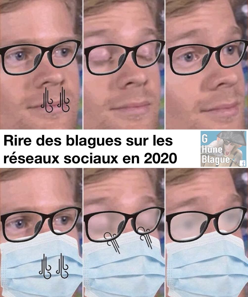 Rire des blagues sur les réseaux sociaux en 2020. Le masque fait de la buée dans les lunettes