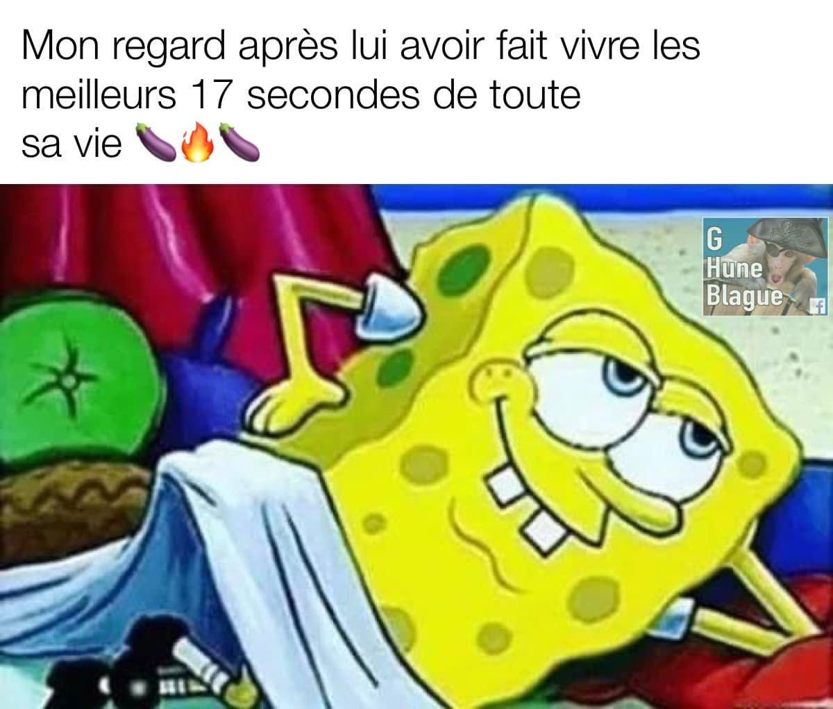 Mon regard après lui avoir fait vivre les meilleurs 17 secondes de toute sa vie... bob l'éponge couché de façon sexy