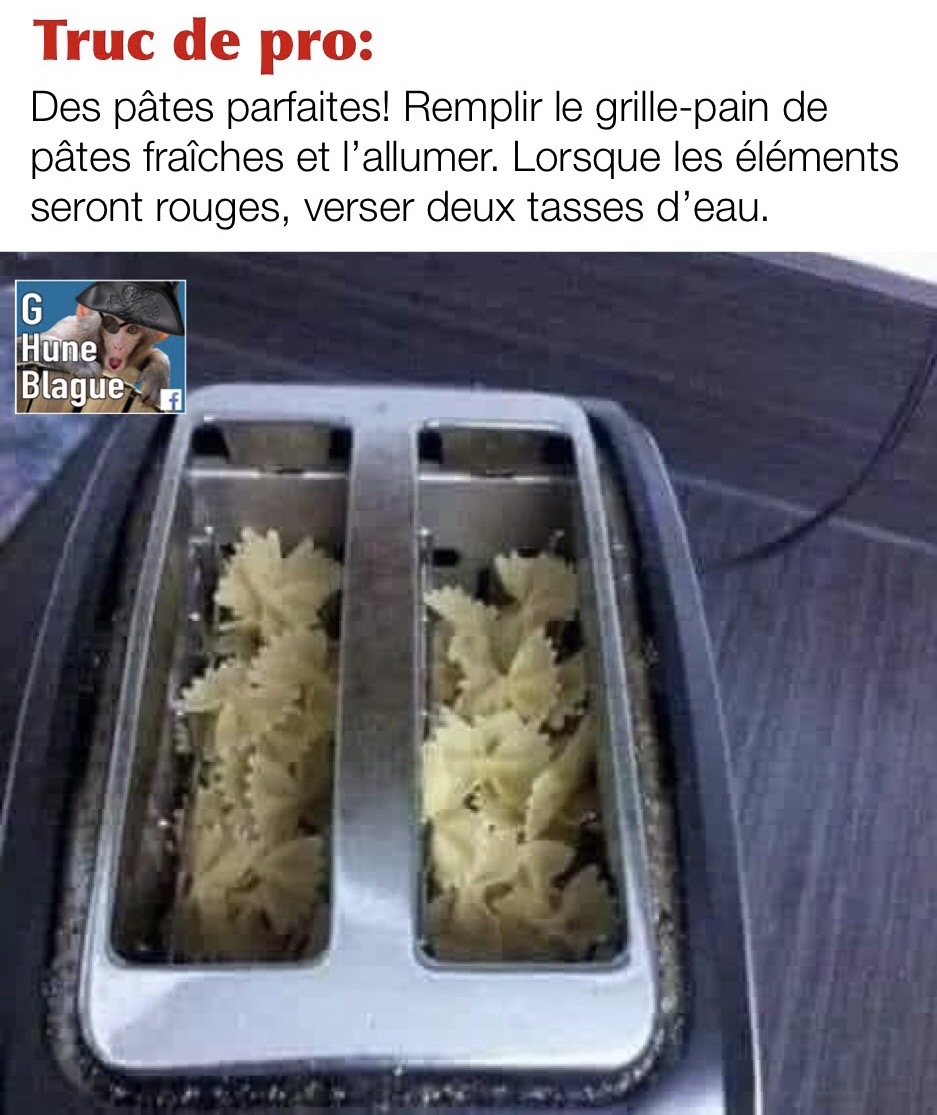 Truc de pro pour des pâtes cuites à la perfection cuite au grille pain | humour et blague en français