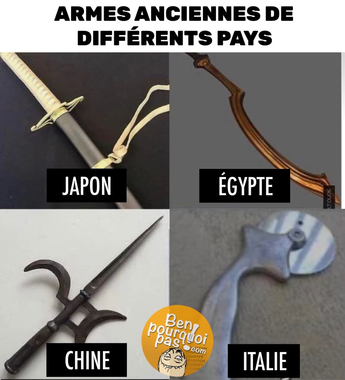 Armes anciennes de différents pays: Japon, Égypte, Chine et Italie (couteau a pizza)