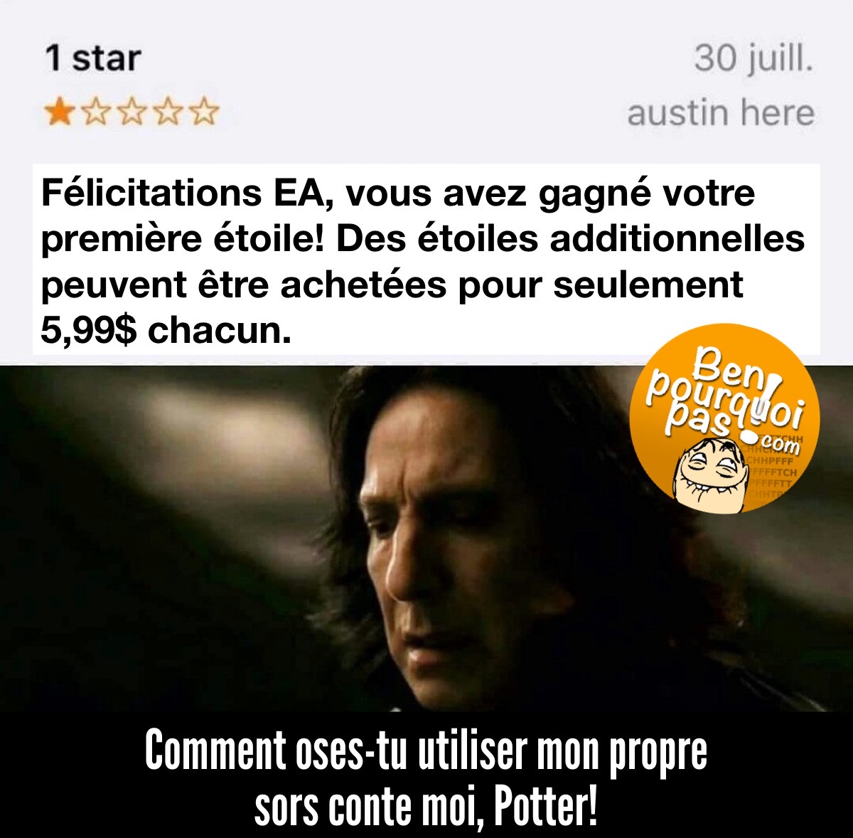 Quand EA se fait remettre la monnaie de sa pièce. Rogue et Harry Potter