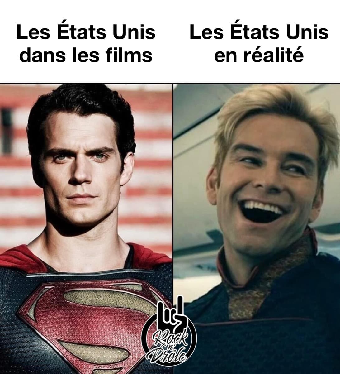 Les États-Unis dans les films Superman) vs dans la vrai vie (The Homelander - the boys)