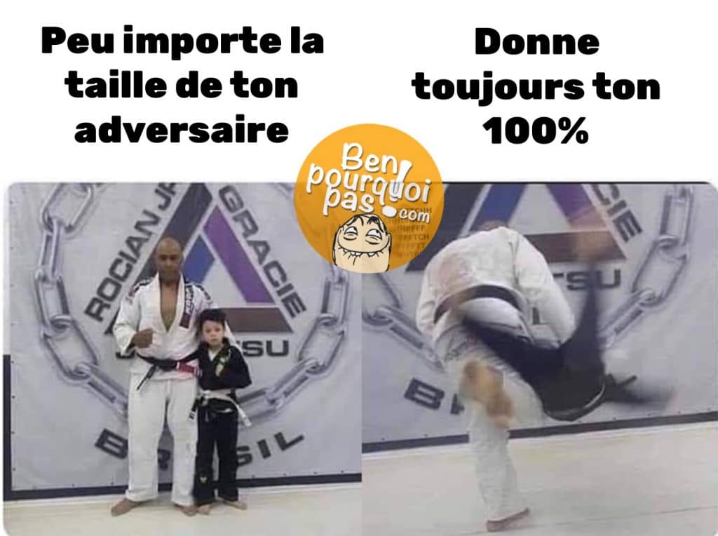Donne toujours ton 110% dans tout ce que tu fais. Le sensei karate fait tomber son adversaire qui est un enfant