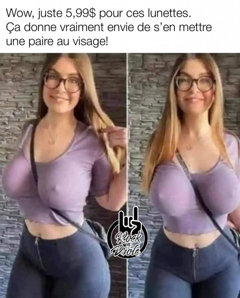 Une belle pair pour si peu, c'est une aubaine! Une dame ayant une généreuse poitrine portant une chandail moulant semble annoncer des lunettes