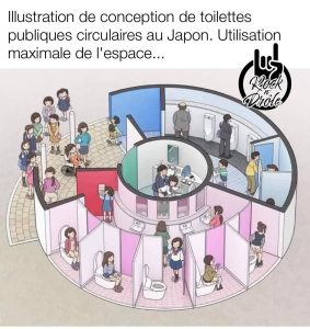 Illustration de conception de toilettes publiques circulaires au Japon. Utilisation maximale de l'espace... un couple a du sexe au centre