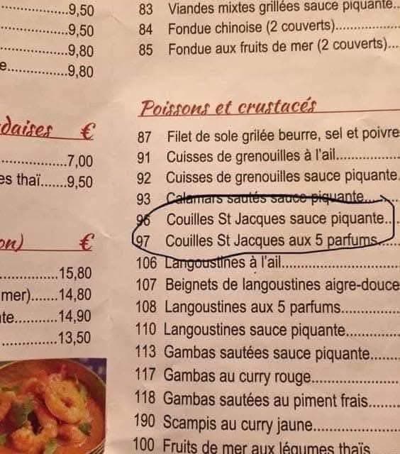 Qui a déjà gouté à des "Couilles St-Jacques"? Une erreur dans le menu pour les coquilles st-jacques