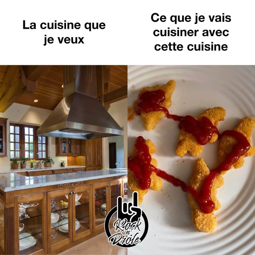 La cuisine que je veux et ce que je vais cuisiner. Une mega cuisine de luxe pour cuisiner des pépites de poulet e forme de dinosaure au ketchup