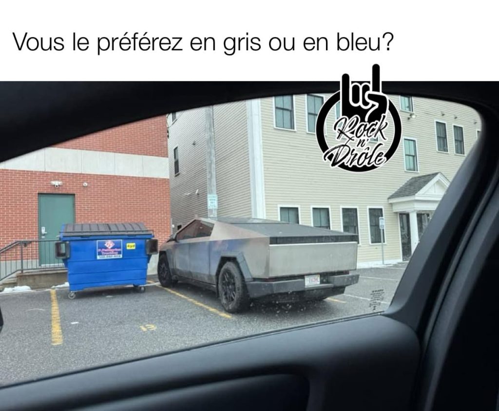 Le Cybertruck de Tesla, vous le préférez en gris ou en bleu? en fait le bleu c'est un conteneur à poubelle