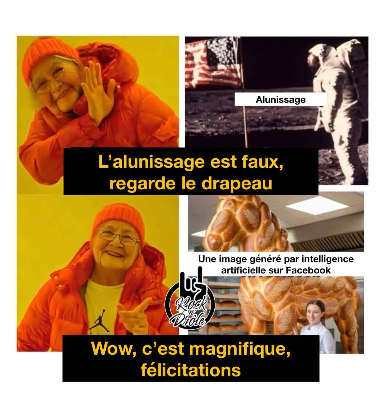 Les boomers et leur logique. L'alunissage est faux, regarde le drapeau. Une image généré par intelligence artificielle sur Facebook: Wow, c'est magnifique, félicitations