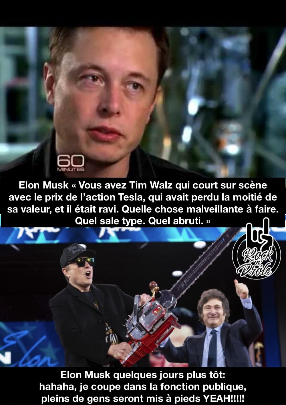 Elon Musk « Vous avez Tim Walz qui court sur scène avec le prix de l'action Tesla, qui avait perdu la moitié de sa valeur, et il était ravi. Quelle chose malveillante à faire. Quel sale type. Quel abruti. »