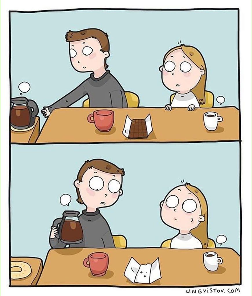 Quand le chocolat disparait comme par magie. le mari se prends du café et la femme prends le chocolat