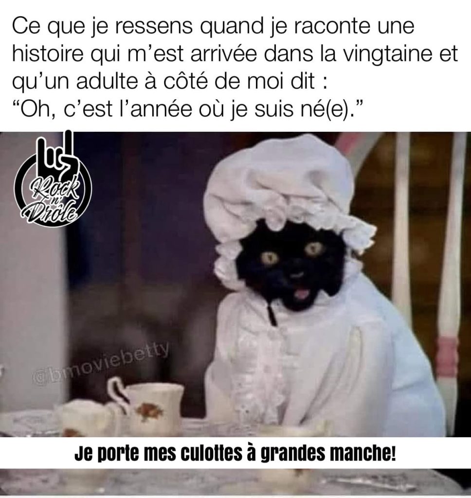 Ce que je ressens quand je raconte une histoire qui m'est arrivée dans la vingtaine et qu'un adulte à côté de moi dit : "Oh, c'est l'année où je suis né(e)." image d'un chat habillé avec une tenue de grand mère est surpris