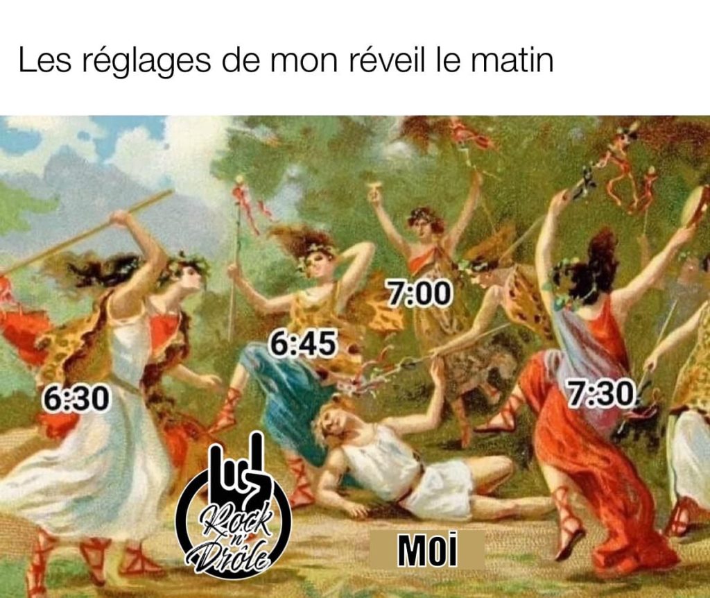 Les réglages de mon réveil le matin. représenté par une oeuvre de peintre comme si les heures dansaient