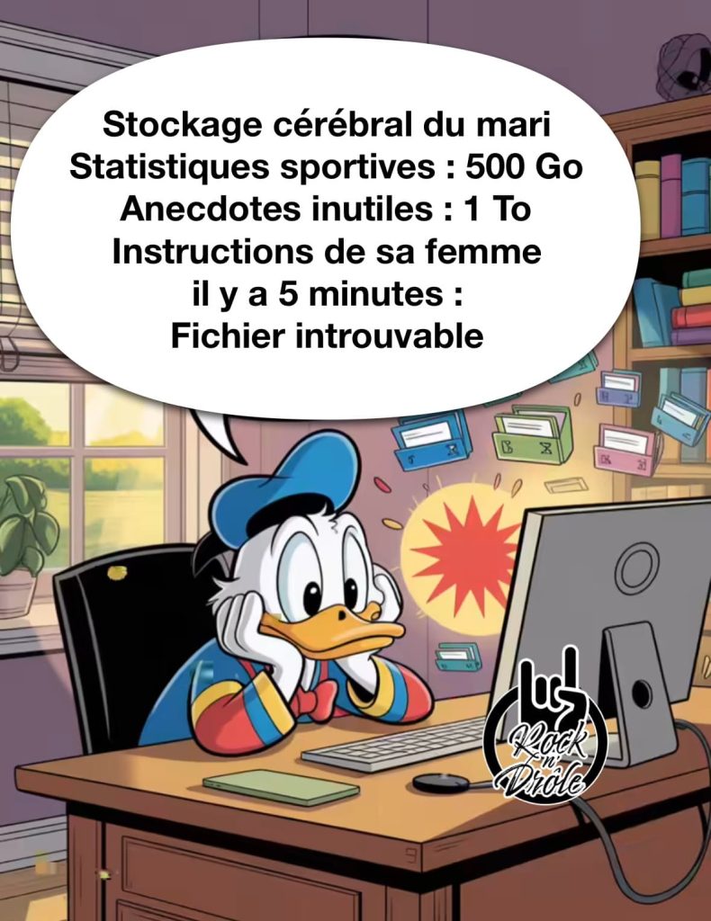 Stockage cérébral du mari
Statistiques sportives : 500 Go
Anecdotes inutiles: 1 To
Instructions de sa femme il y a 5 minutes : Fichier introuvable