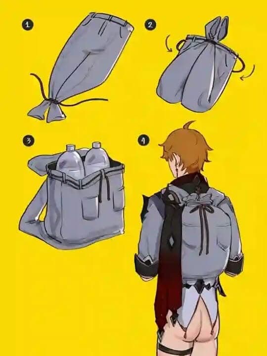 Truc de pro pour les randonneurs qui ont besoin de transporter des trucs. Il se sert d'un pantalon comme d'un sac à dos mais se retrouve les fesses nues