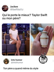 Qui le porte le mieux? Taylor Swift ou mon père? La robe de Taylor Swift a le même design que l'urne funéraire