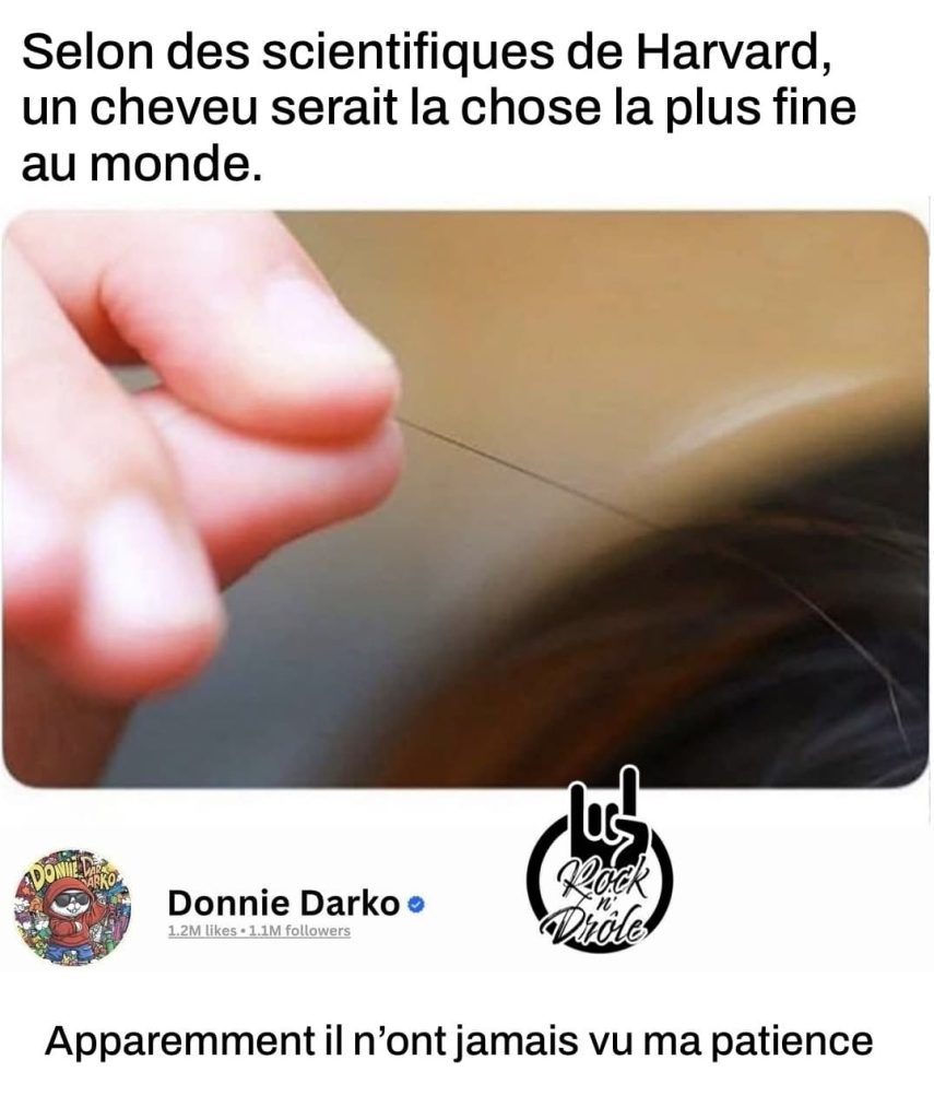 Selon des scientifiques de Harvard, un cheveu serait la chose la plus fine au monde. Apparemment il n'ont jamais vu ma patience