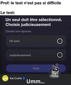 Quand le prof te dit que le test n'est pas si difficile. Un seul doit être sélectionné. choisis judicieusement