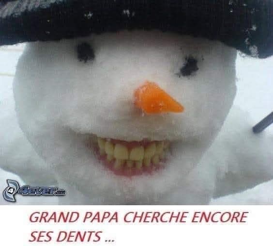 Grand papa cherche encore ses dents et c'est le bonhomme de neige qui les portent
