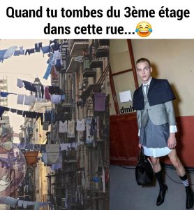 Quand tu tombes du 3ème étage dans cette rue... La mode... le type a pratiquement trois ensembles différent en même temps