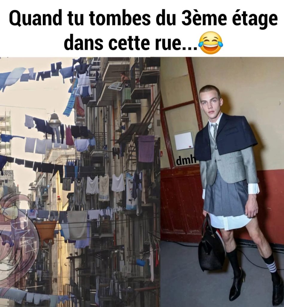 Quand tu tombes du 3ème étage dans cette rue... La mode... le type a pratiquement trois ensembles différent en même temps