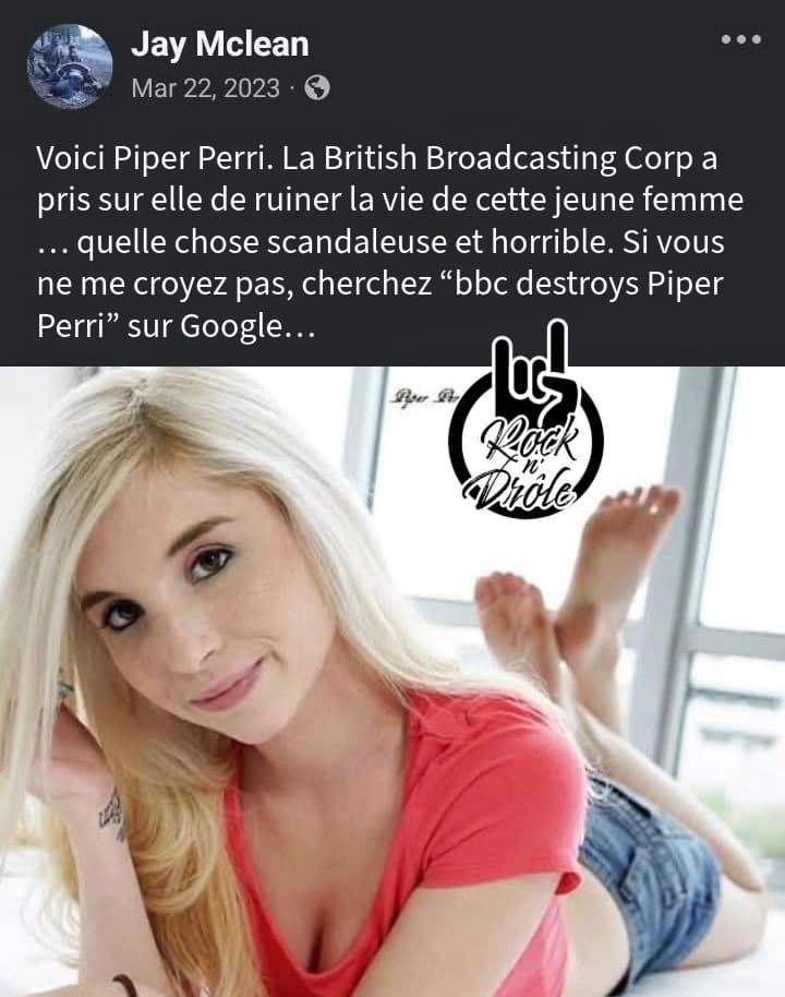Voici Piper Perri. La British Broadcasting Corp a pris sur elle de ruiner la vie de cette jeune femme ... quelle chose scandaleuse et horrible. Si vous ne me croyez pas, cherchez "bbc destroys Piper Perri" sur Google...