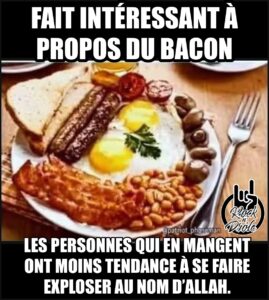 FAIT INTÉRESSANT À PROPOS DU BACON Les personnes qui en mangent ont moins tendance à se faire exploser au nom d’Allah.