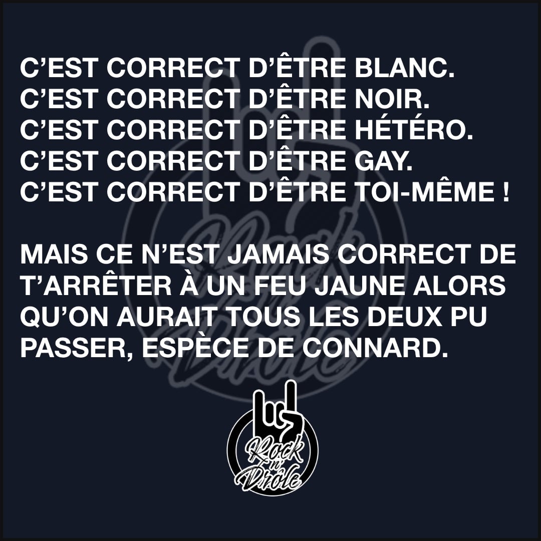 C’EST CORRECT D’ÊTRE BLANC.C’EST CORRECT D’ÊTRE NOIR.C’EST CORRECT D’ÊTRE HÉTÉRO.C’EST CORRECT D’ÊTRE GAY.C’EST CORRECT D’ÊTRE TOI-MÊME !MAIS CE N’EST JAMAIS CORRECT DE T’ARRÊTER À UN FEU JAUNE ALORS QU’ON AURAIT TOUS LES DEUX PU PASSER, ESPÈCE DE CONNARD.
