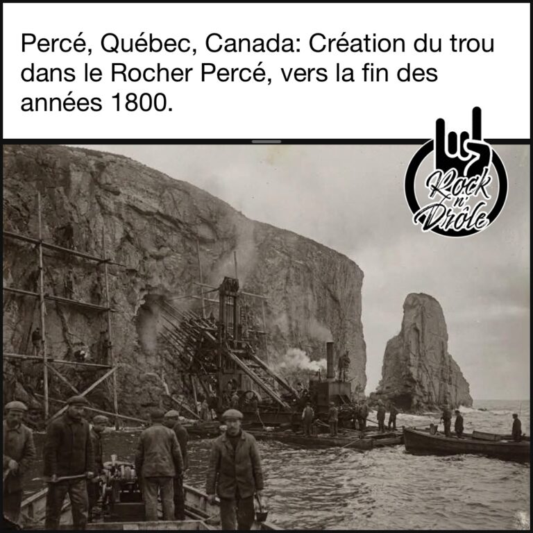 Percé, Québec, Canada: Création du trou dans le Rocher Percé, vers la fin des années 1800.
