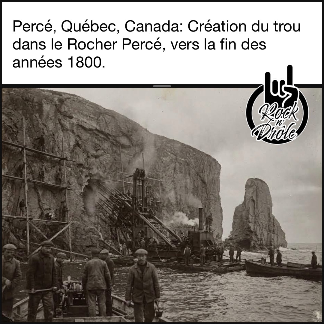Percé, Québec, Canada: Création du trou dans le Rocher Percé, vers la fin des années 1800.