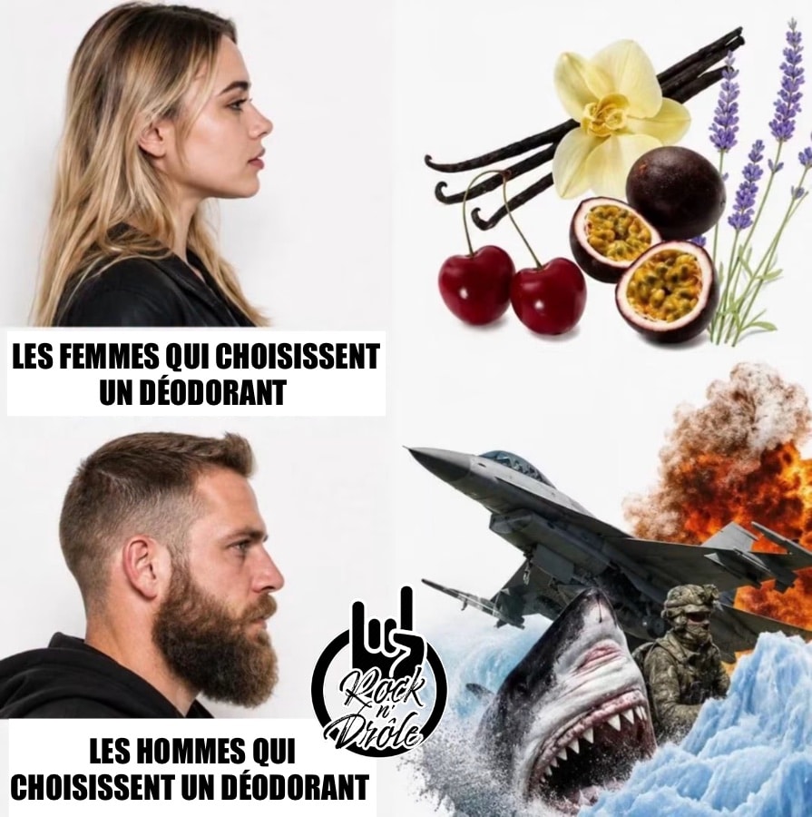 Les femmes vs les hommes qui choisissent un déodorant Les femmes ce sont des fragrances tandis ke hommes ce sont des thèmes de guerre, sports extrêmes