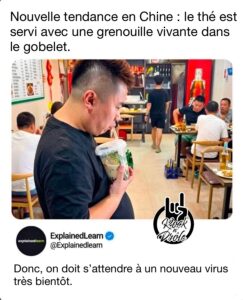 Nouvelle tendance en Chine : le thé est servi avec une grenouille vivante dans le gobelet. Donc, on doit s’attendre à un nouveau virus très bientôt.
