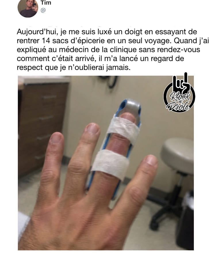 Aujourd’hui, je me suis luxé un doigt en essayant de rentrer 14 sacs d’épicerie en un seul voyage. Quand j’ai expliqué au médecin de la clinique sans rendez-vous comment c’était arrivé, il m’a lancé un regard de respect que je n’oublierai jamais.