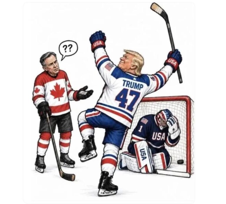 Donald Trump en joueur de hockey qui marque dans son propre but et qui célèbre devant Mark Carney