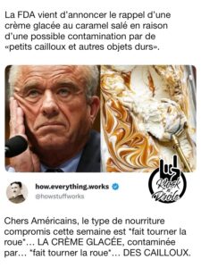 La FDA vient d’annoncer le rappel d’une crème glacée au caramel salé en raison d’une possible contamination par de «petits cailloux et autres objets durs». Chers Américains, le type de nourriture compromis cette semaine est *fait tourner la roue*… LA CRÈME GLACÉE, contaminée par… *fait tourner la roue*… DES CAILLOUX.