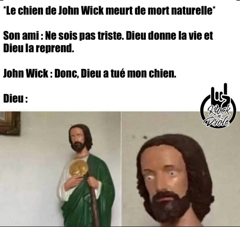 *Le chien de John Wick meurt de mort naturelle*Son ami : Ne sois pas triste. Dieu donne la vie et Dieu la reprend.John Wick : Donc, Dieu a tué mon chien.Dieu :