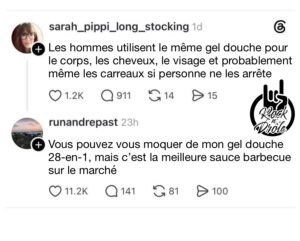 Les hommes utilisent le même gel douche pour le corps, les cheveux, le visage et probablement même les carreaux si personne ne les arrête Vous pouvez vous moquer de mon gel douche 28-en-1, mais c’est la meilleure sauce barbecue sur le marché