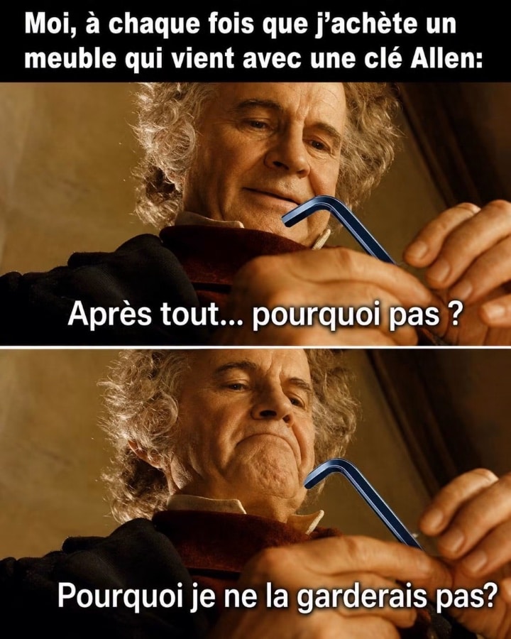 Bilbo et l’anneau dans le seigneur des anneaux. Moi, à chaque fois que j'achète un meuble qui vient avec une clé Allen: Après tout... pourquoi pas ? Pourquoi je ne la garderais pas?