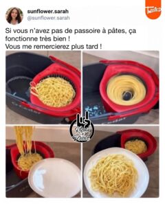 Elle utilise un sot pour étuver ses pâtes. Si vous n’avez pas de passoire à pâtes, ça fonctionne très bien !Vous me remercierez plus tard !